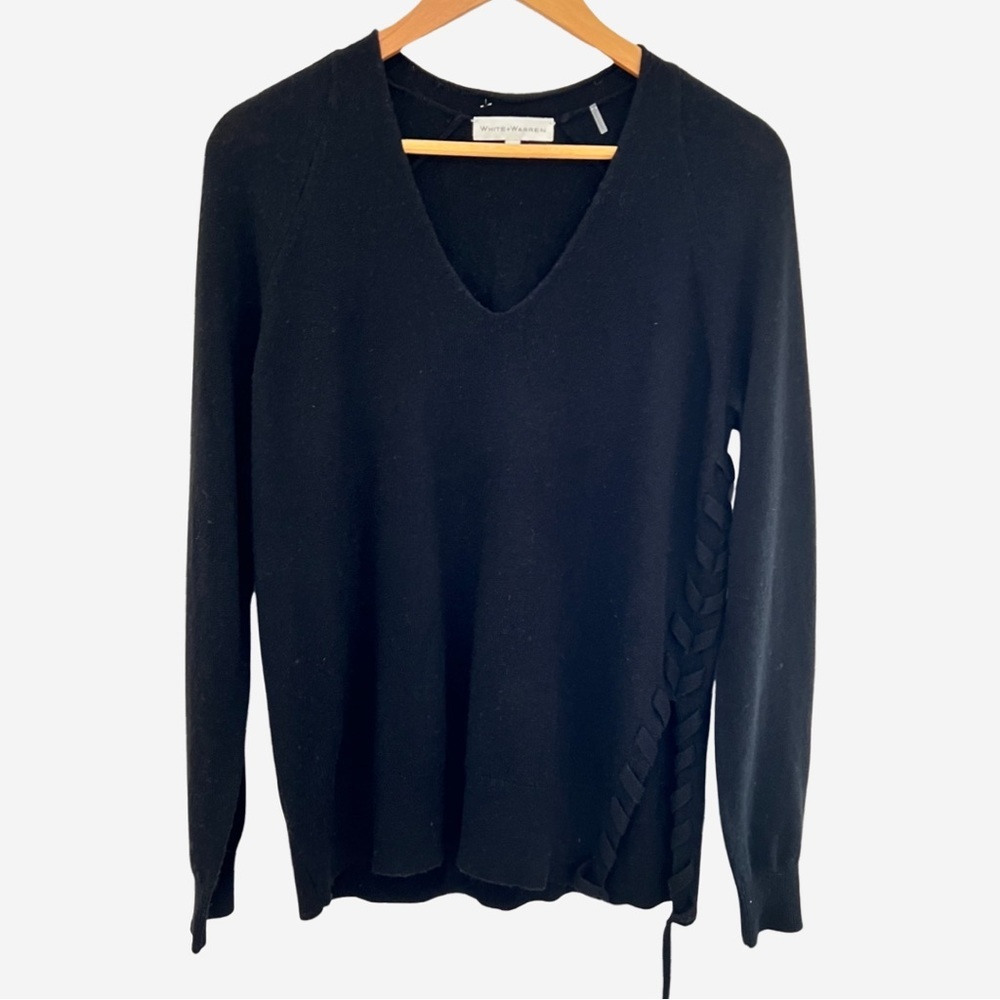 White + Warren Black V-Neck Cashmere Sweater S
